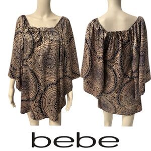 🆕 Y2K bebe Brown Medallion Print Bell Sleeve Dress with Square Neckline